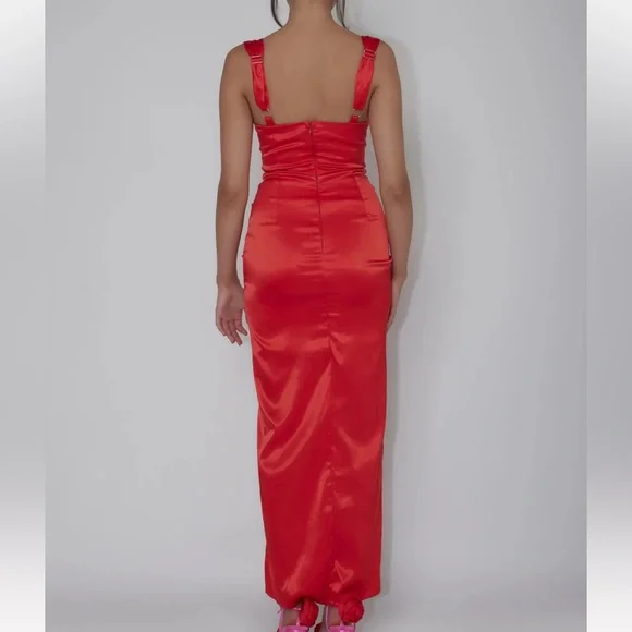 Red Satin Dress with slit - Picture 3 of 4